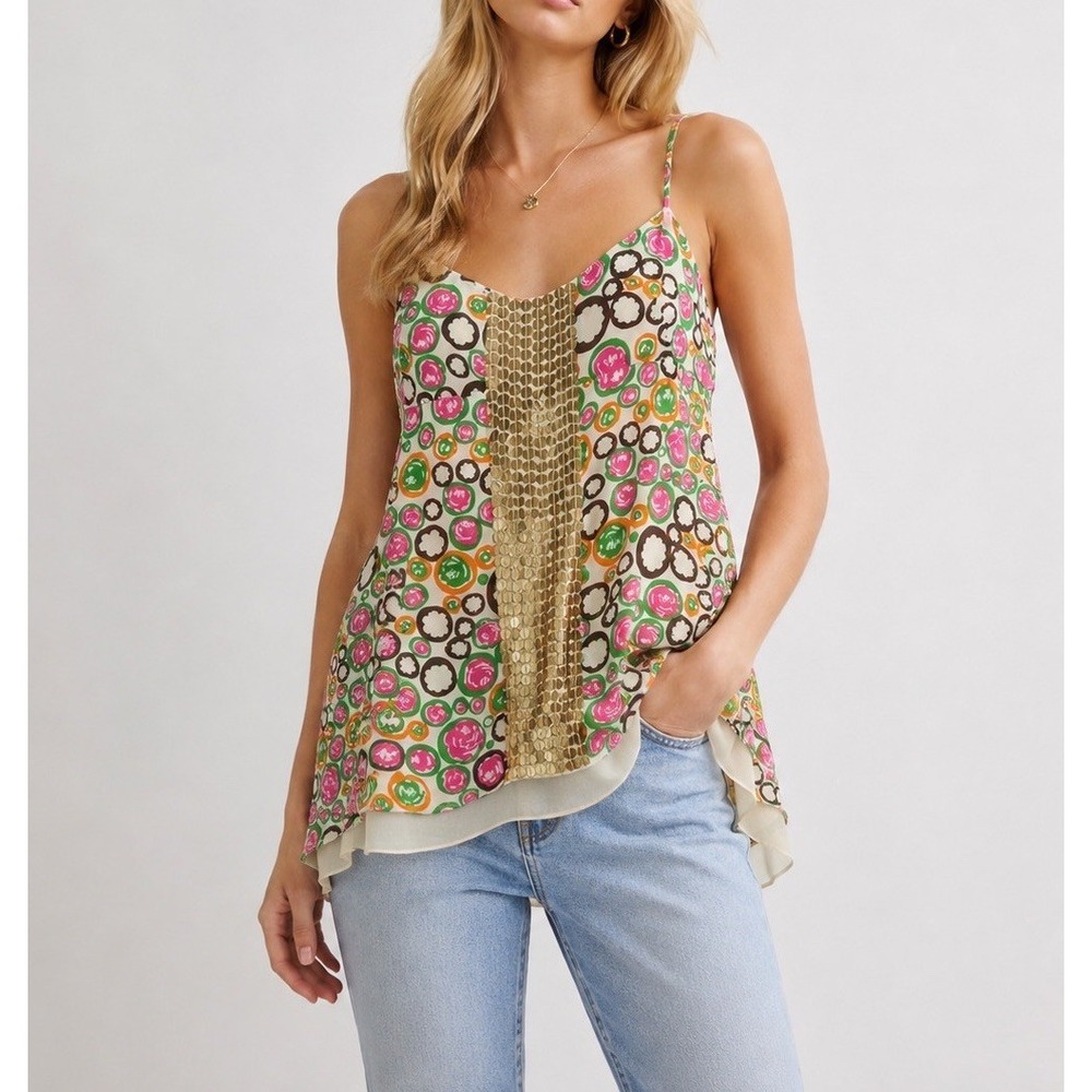 NWT VTG Y2K BCBGMAXAZRIA Cami Top Small Silk Floral Gold Sequins Fairy Ethereal